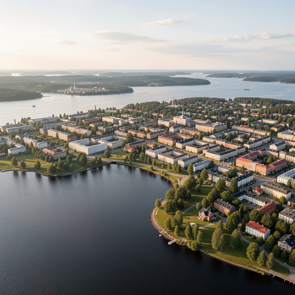 Luftfoto av en nordisk stad vid vatten med parker och välplanerade stadskvarter i mjukt dagsljus som illustrerar den urbana omgivningens påverkan