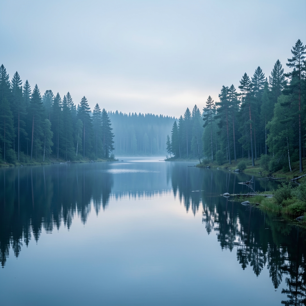 Morgondimma över en stilla insjö omgiven av nordiska barrskogar i blågröna toner med mjukt diffust ljus som skapar atmosfär av stillhet